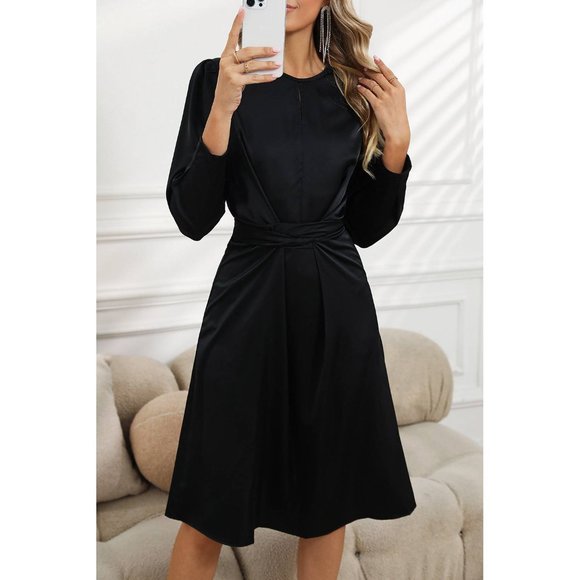 Black Twist Front Tie Back Long Sleeve Satin Dress - Picture 10 of 16